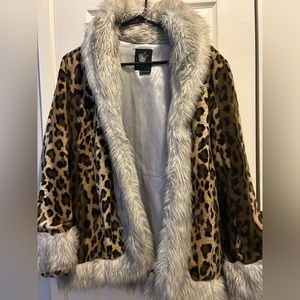 Size Small Vintage Dollhouse leopard jacket with black white gray fur lining.